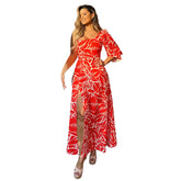 Half Cold Shoulder Elegant Bubble Half Sleeve High Slit Maxi Dress